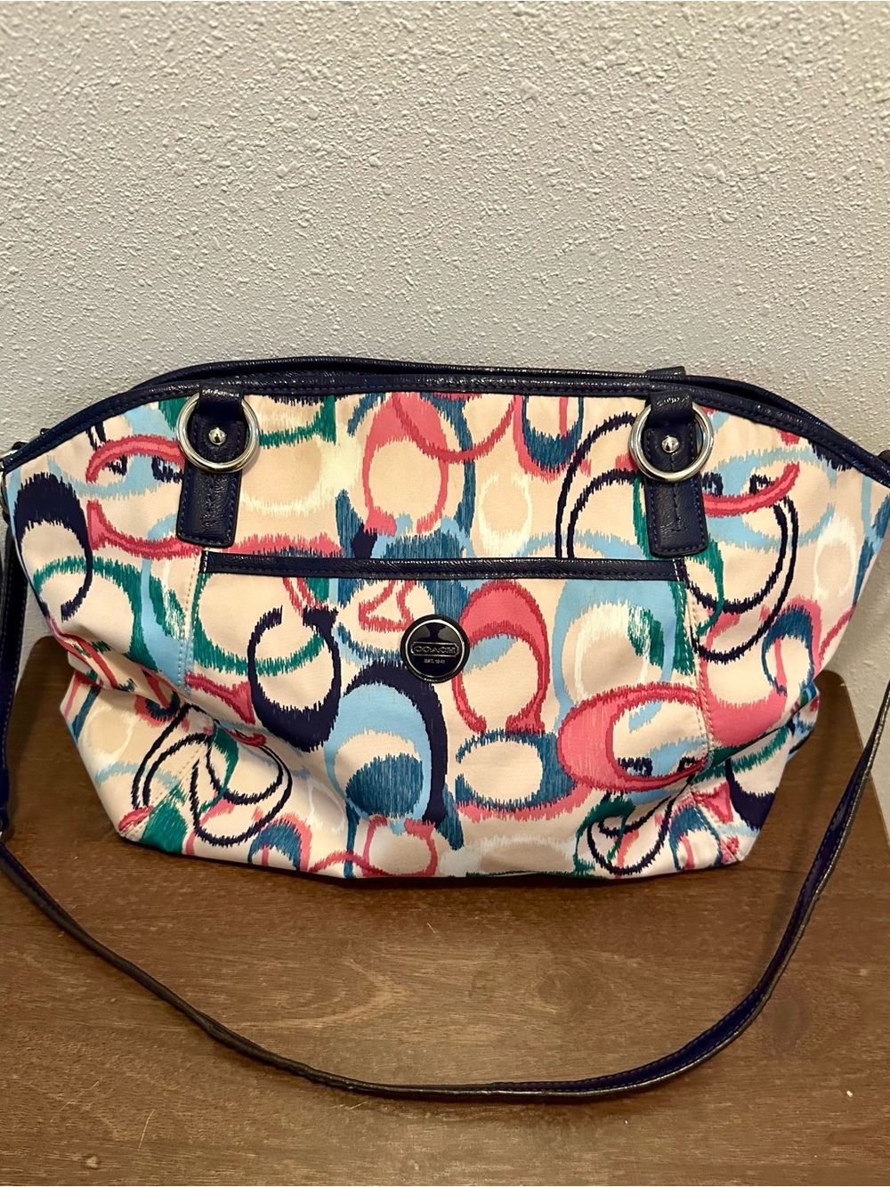 Coach Multicolor Circle Print Shoulder Bag with Navy Trim